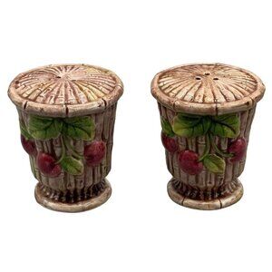 foe bamboo planter cherry salt pepper shakers 3" brown red plastic stoppers READ